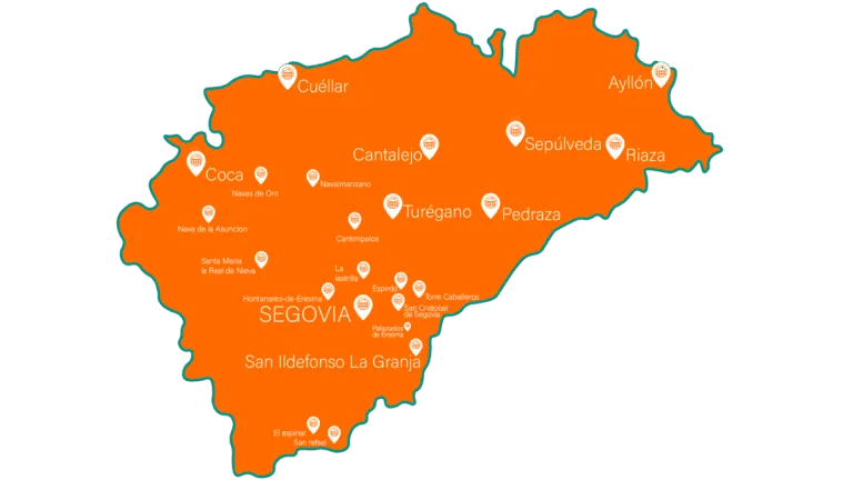 Inicio 3 Mapa de la provincia de Segovia en naranja con municipios señalados: Segovia, Cuéllar, Riaza, Pedraza y Sepúlveda