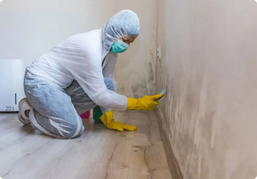Daños estructurales por humedaden 7 Trabajador con equipo de protección limpiando pared afectada por humedad y moho en Segovia